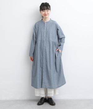 コットンシャンブレー多ボタン前あきワンピース（ネイビー・F）