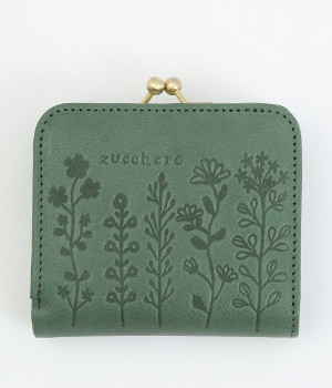 フラワー型押し　がま口コンパクト財布(グリーン-ONESIZE)
