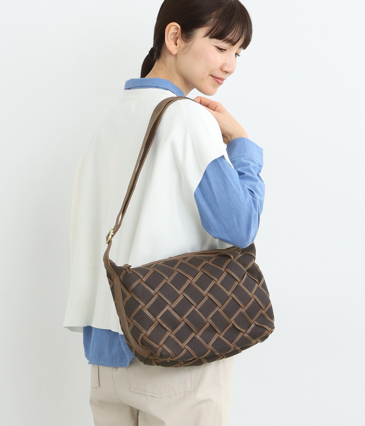 レザー×キャンバス　メッシュショルダー(ネイビー-ONESIZE)