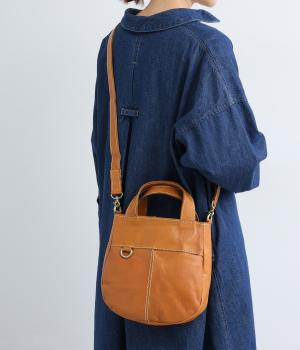 ヌメ×キャンバス2Wayハンドバッグ小(ブラウン-F)