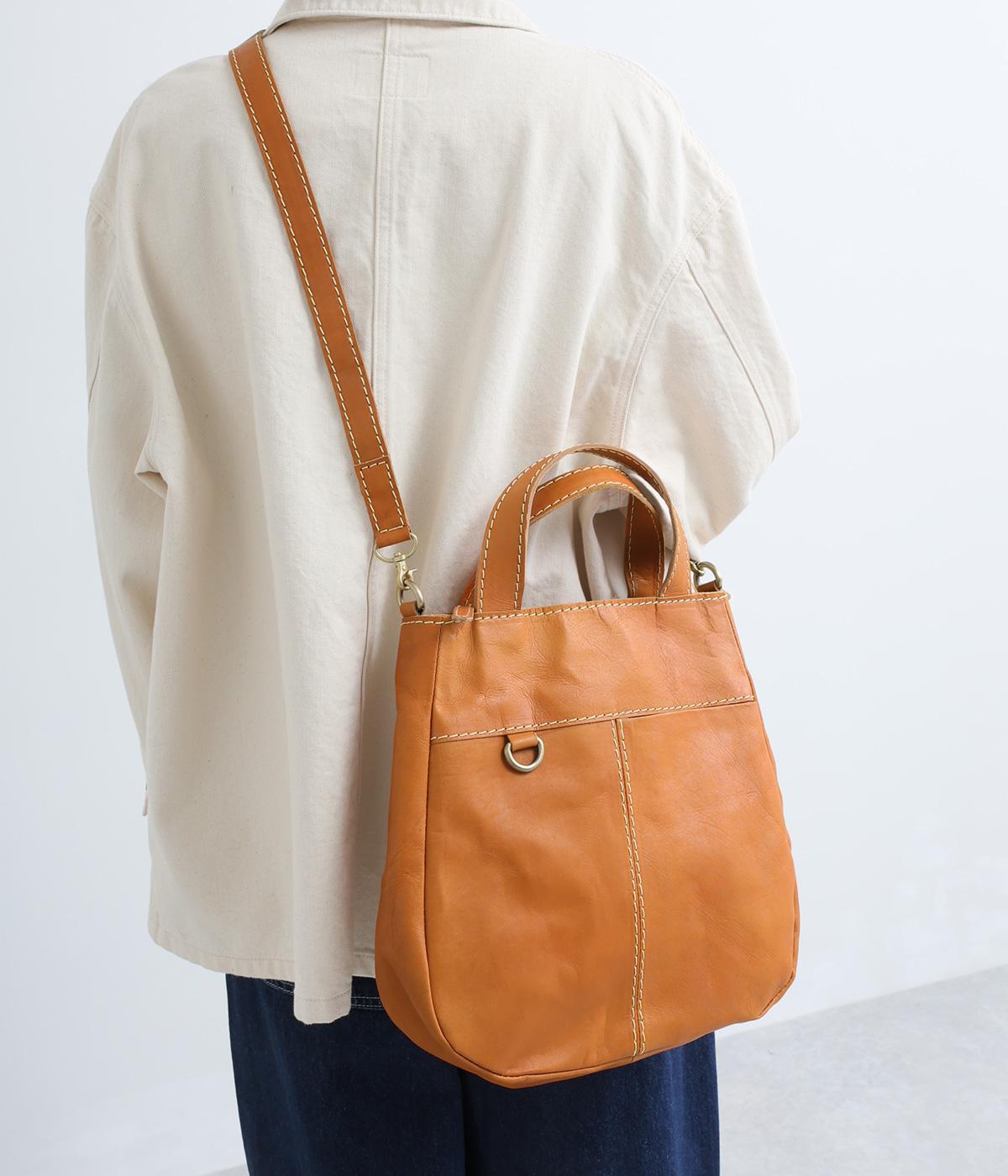 ヌメ×キャンバス2Wayハンドバッグ大(ブラウン-F)