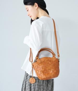 レザーメッシュバケツ型トート(ブラウン-F)