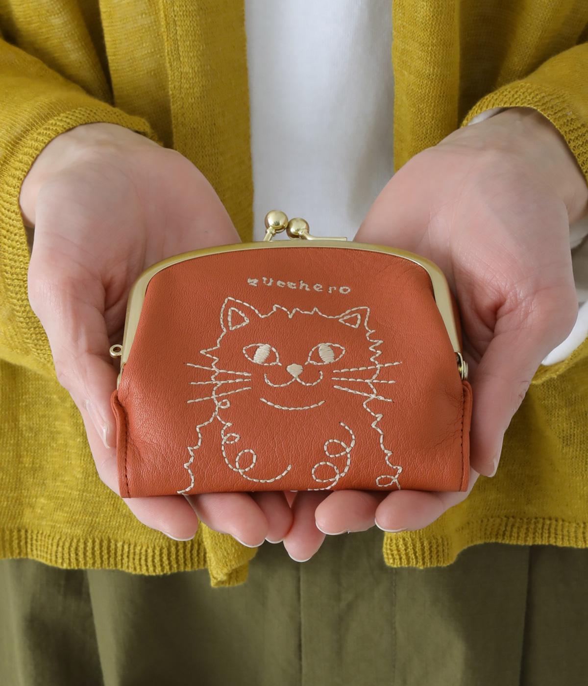 ネコ刺繍がま口折り財布(オレンジ-F)