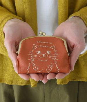 ネコ刺繍がま口折り財布(オレンジ-F)