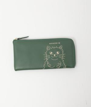 ネコ刺繍L字長財布(グリーン-F)