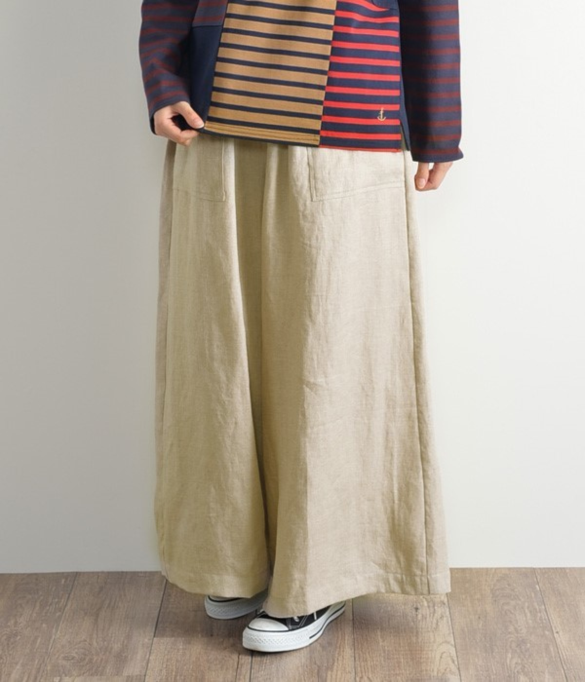 フレンチリネン　ベイカーロングワイドパンツ(ナチュラル-ONESIZE)