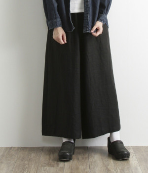 フレンチリネン　ベイカーロングワイドパンツ(ブラック-ONESIZE)