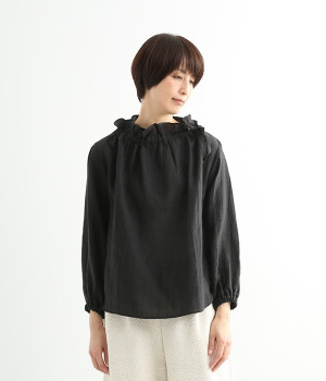 リネン　衿ぐりリボン通しブラウス(ブラック-ONESIZE)