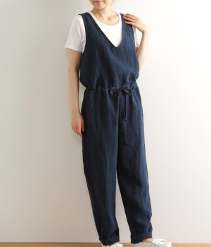 ベルギーリネンオールインワン(ネイビー-ONESIZE)