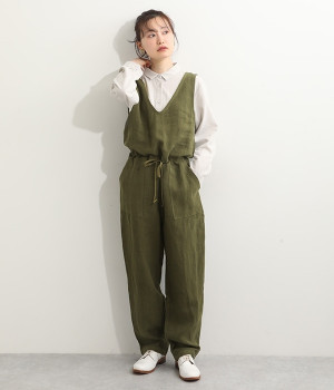 ベルギーリネンオールインワン(カーキ-ONESIZE)