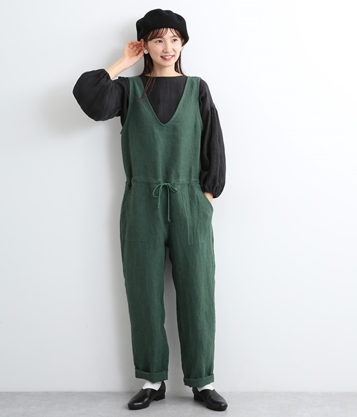 ベルギーリネンオールインワン(グリーン-ONESIZE)