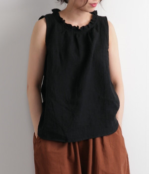 フレンチリネンノースリーブ襟フリルブラウス(ブラック-ONESIZE)