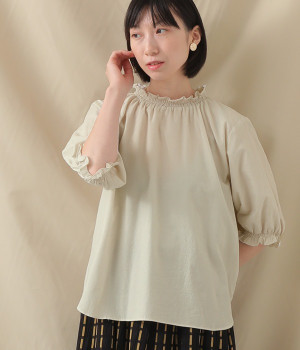 東炊きローンシャーリング6分袖ブラウス(グレージュ-ONESIZE)