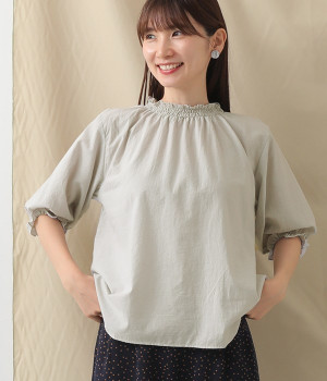 東炊きローンシャーリング6分袖ブラウス(ライトグレー-ONESIZE)