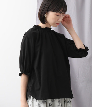 東炊きローンシャーリング6分袖ブラウス(ブラック-ONESIZE)