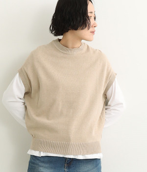 コットンリネンポンチョベスト(ベージュ-ONESIZE)