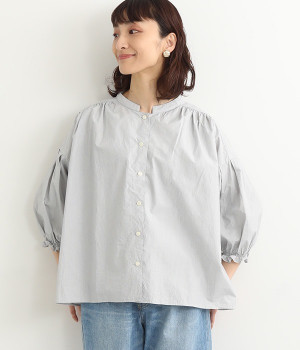 ミジンストライプスタンド襟ギャザー6分袖ブラウス(オフホワイトｘネイビー-ONESIZE)