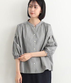 ミジンストライプスタンド襟ギャザー6分袖ブラウス(ネイビーｘオフホワイト-ONESIZE)