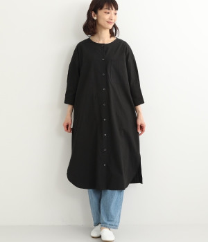 タイプライターラウンドカラー前開きワンピース(ブラック-ONESIZE)