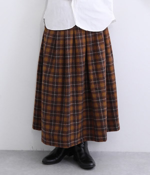 ウールチェックタックスカート(ブラウン-ONESIZE)