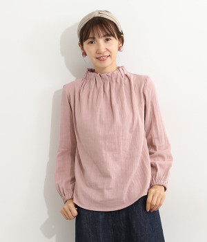 ダブルガーゼゴム入りタックネックブラウス(モーヴピンク-ONESIZE)