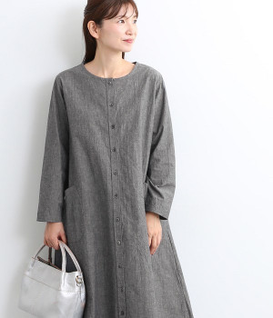 前開きラウンドカラーワンピース(ネイビー-ONESIZE)