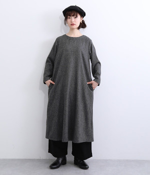 ウールツイードＡラインワンピース(ブラックツイード-ONESIZE)