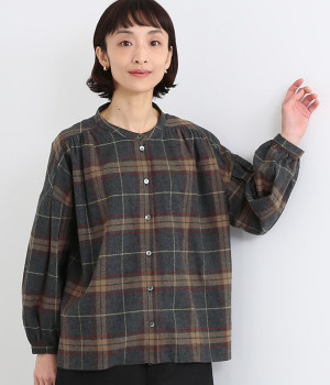 スタンド襟チェックギャザーブラウス(グレーチェック-ONESIZE)