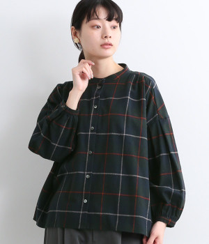 スタンド襟チェックギャザーブラウス(ネイビーチェック-ONESIZE)