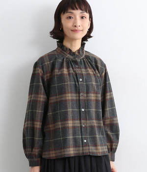 フリル付チェックブラウス(グレーチェック-ONESIZE)