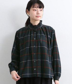 フリル付チェックブラウス(ネイビーチェック-ONESIZE)