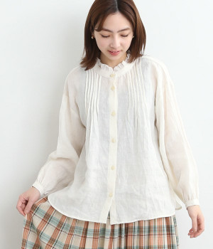 リネン襟フリルピンタックブラウス(オフホワイト-ONESIZE)
