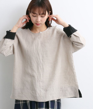 東炊きリネンチビセーラーバイカラーブラウス(ナチュラル×ブラック-ONESIZE)