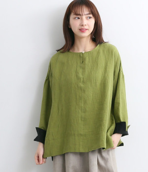 東炊きリネンチビセーラーバイカラーブラウス(グリーン×ブラック-ONESIZE)