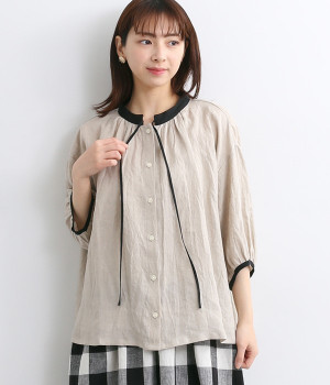 フレンチリネンスタンド襟リボン付きバイカラーブラウス(ナチュラル×ブラック-ONESIZE)