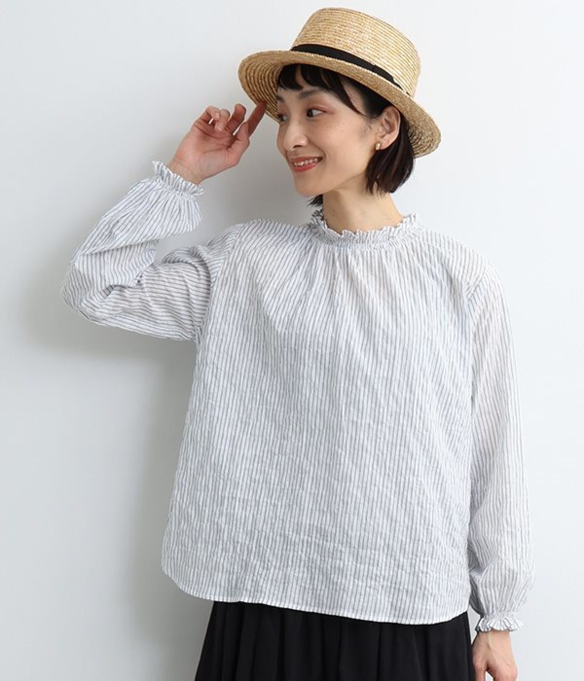 シャーリングストライプブラウス(オフホワイトｘブルーストライプ-ONESIZE)