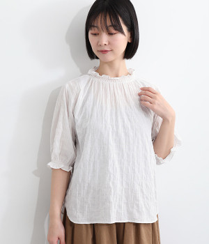 ストライプシャーリング5分袖ブラウス(ライトグレーストライプ-ONESIZE)