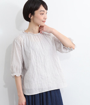 ギガムチェックシャーリングブラウス(グレーギンガム-ONESIZE)