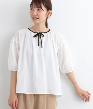東炊きローンバイカラー襟リボン付きブラウス(オフホワイトｘブラック-ONESIZE)