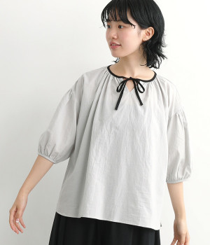 東炊きローンバイカラー襟リボン付きブラウス(ライトグレー×ブラック-ONESIZE)