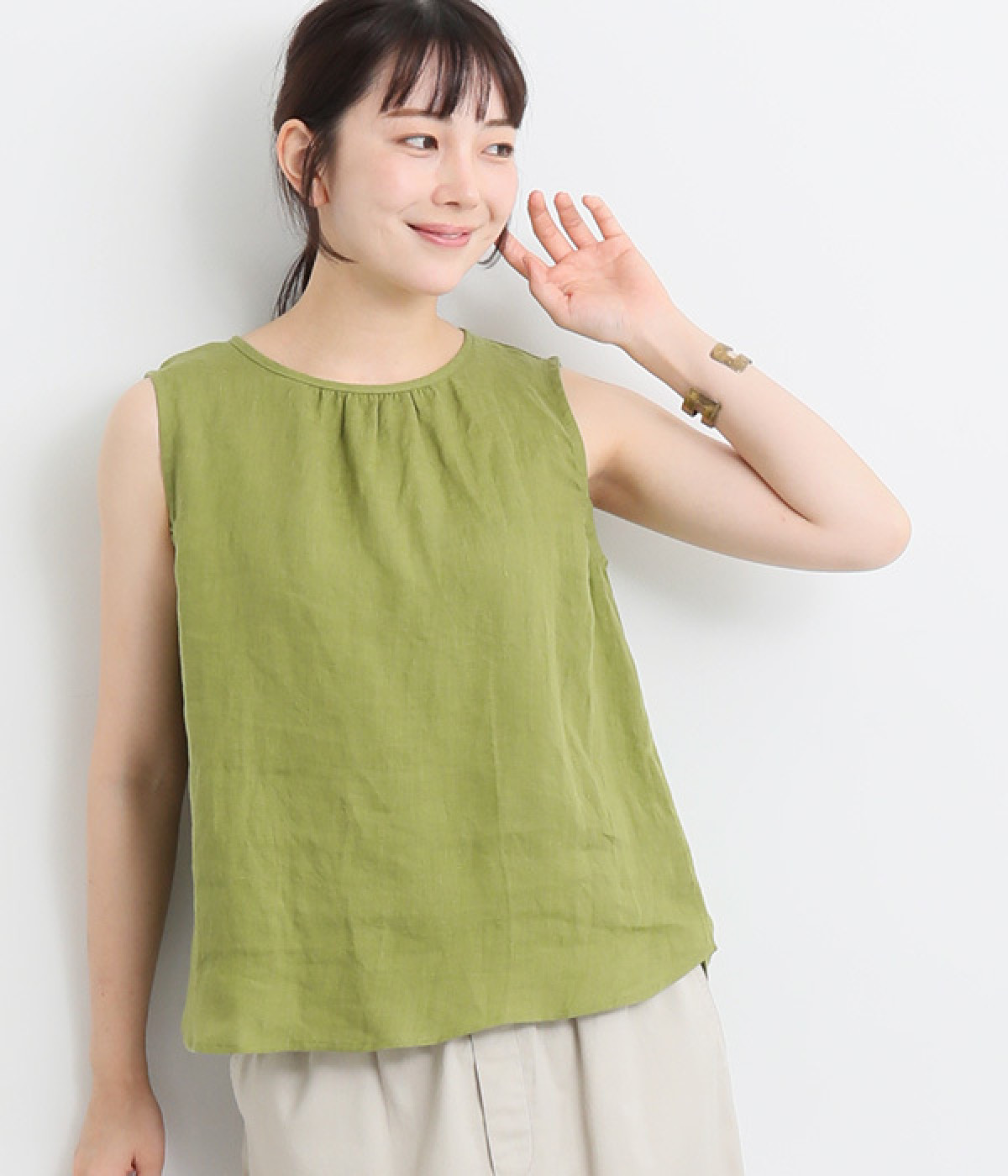 リネンギャザーノースリーブブラウス(アップルグリーン-ONESIZE)