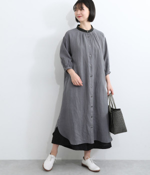 スタンド襟バイカラーワンピース(アッシュグレー×ブラック-ONESIZE)