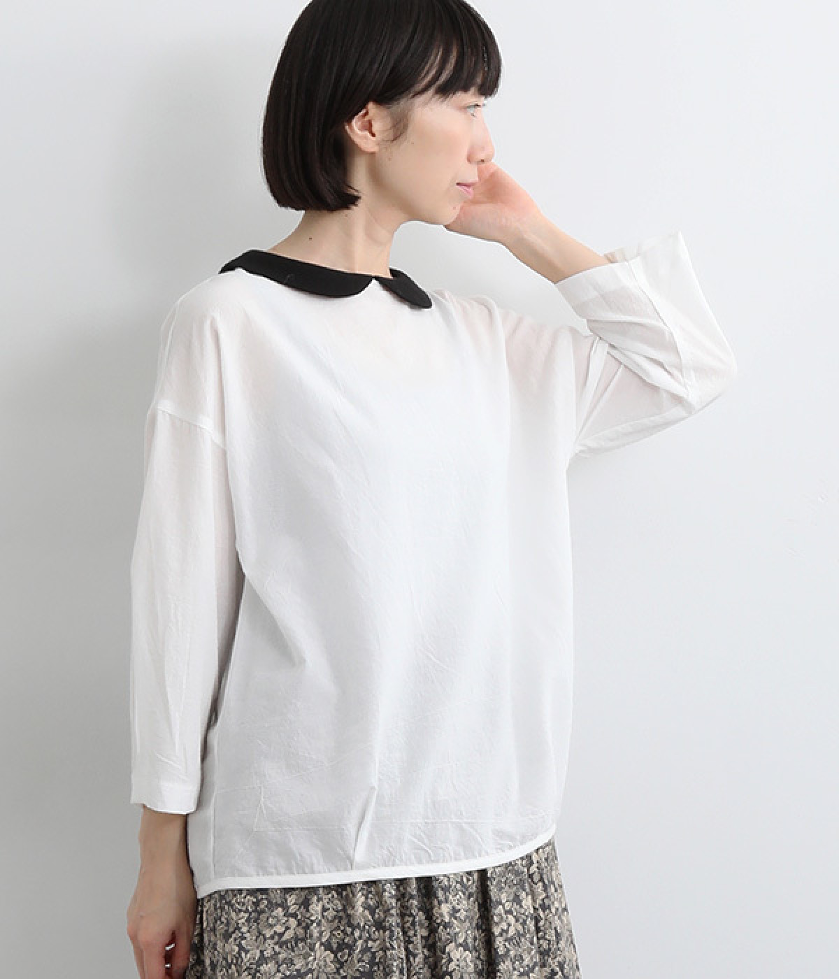 東炊きローン2WAYバイカラー9分袖ブラウス(オフホワイトｘブラック-ONESIZE)