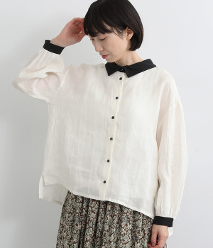 フレンチリネンバイカラーブラウス(オフホワイトＸブラック-ONESIZE)