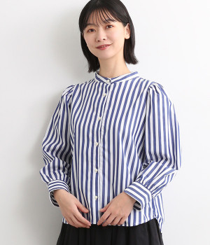 近江晒袖山ギャザー入りブラウス(ネイビーストライプ-ONESIZE)