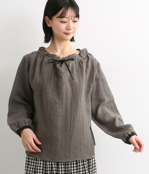 フレンチリネンネック前リボン配色ブラウス(チャコール-ONESIZE)