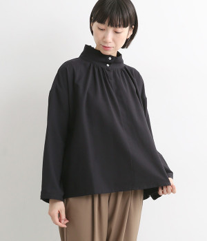コットンカシミヤハイネック襟ブラウス(ブラック-ONESIZE)