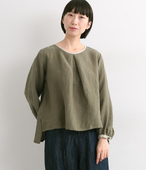 東炊きリネンバイカラーパイピングタックブラウス(アッシュグレー-ONESIZE)