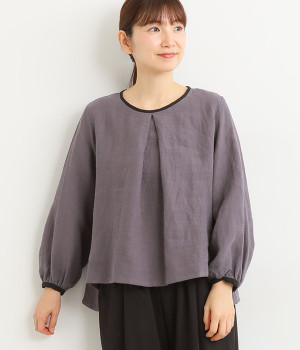 東炊きリネンバイカラーパイピングタックブラウス(パープル-ONESIZE)