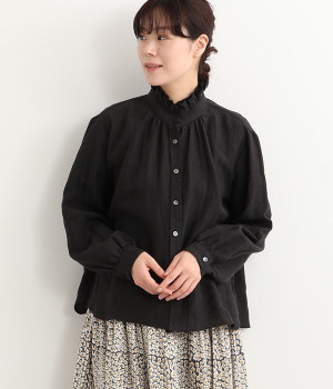 フレンチリネンフラワーネックブラウス(ブラック-ONESIZE)